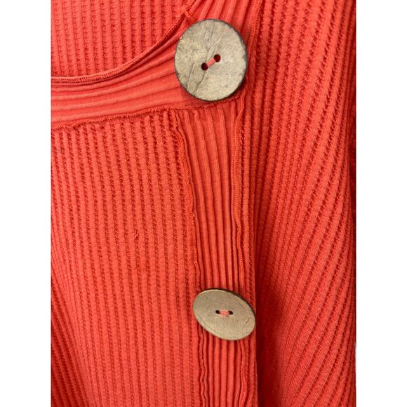FENINI XL Waffle Knit Pullover Top Square Neck 3/4 Sleeve Buttons Cotton Orange - Picture 5 of 9